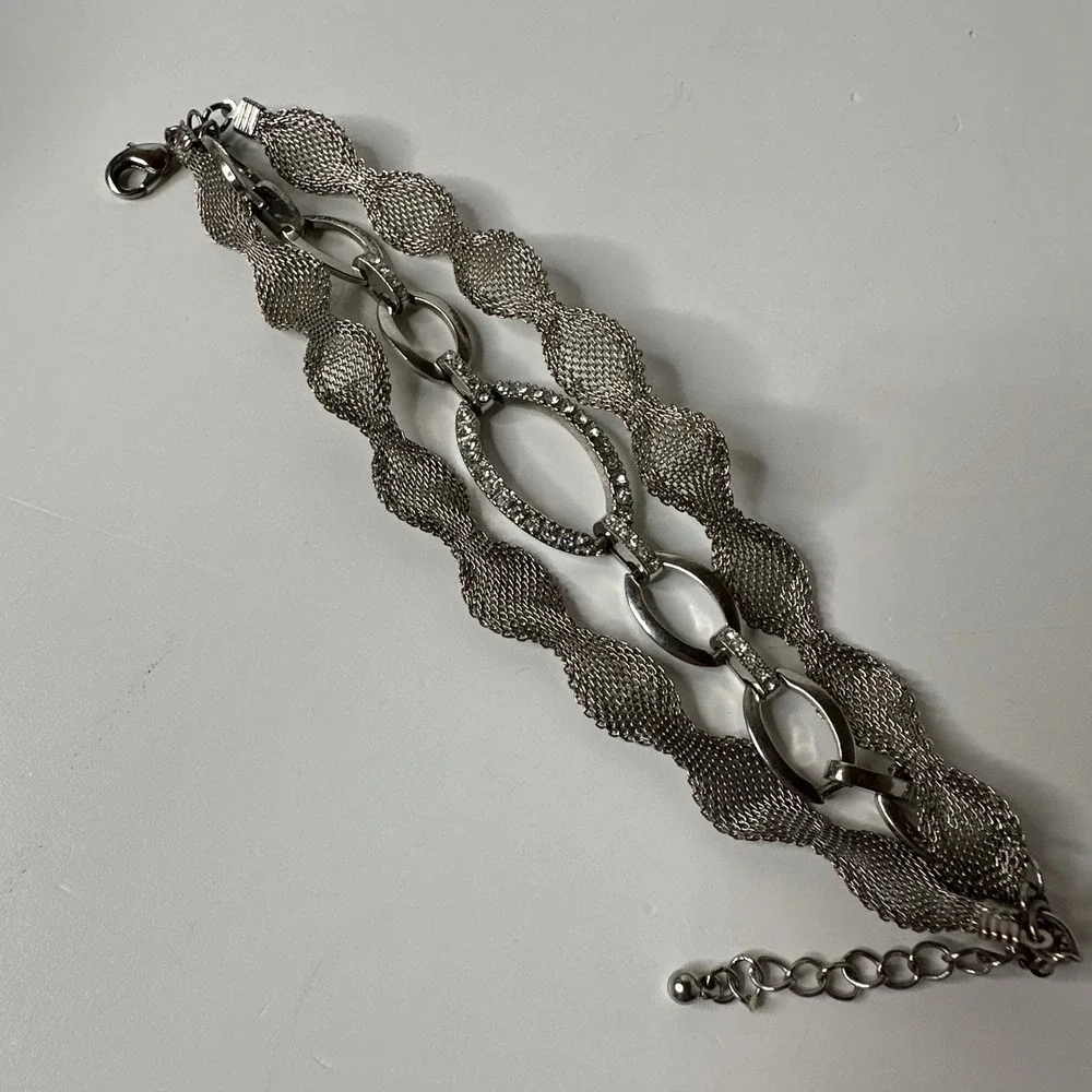 Layered Silver Tone Mesh Bracelet Multi‎ Strand Rhinestone Oval Statement Event